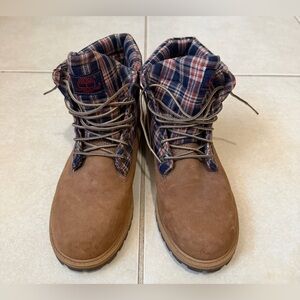 Timberland Boots Boys 6 Brown Plaid Leather Shoes Hiking Outdoors Youth 43942M